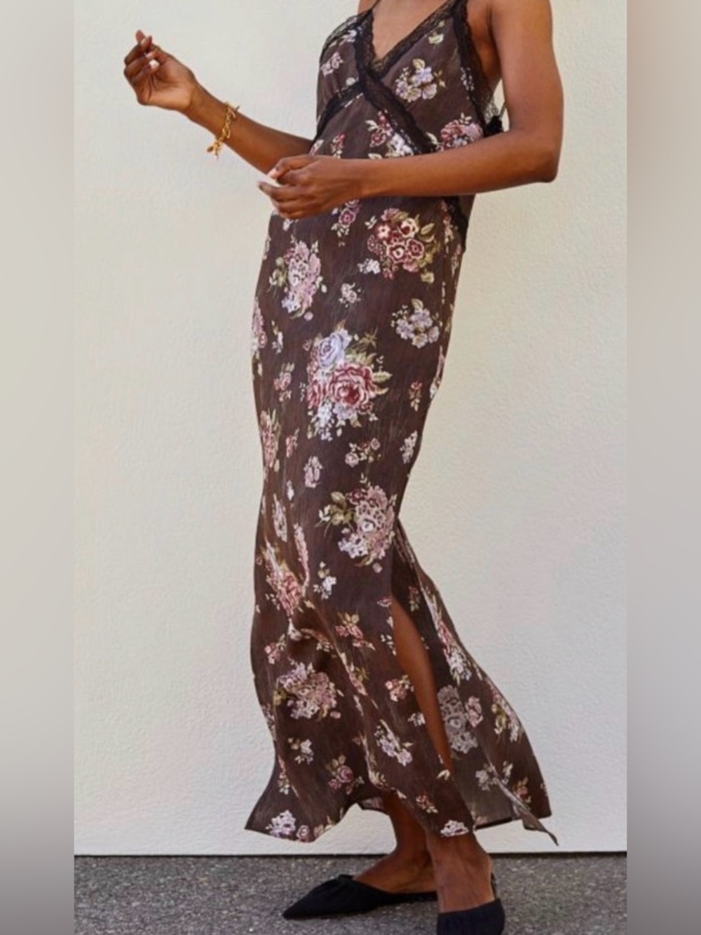 H&M x BROCK COLLECTION Brown Floral Lyocell Blend Lace Trim Maxi Slip Dress M